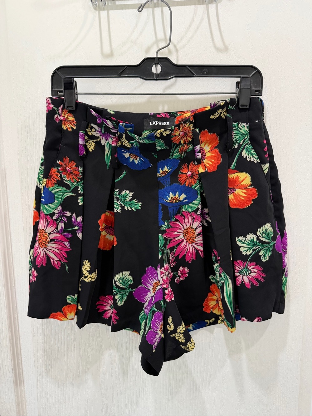 Express Black Floral Pleated Skort with Bright Multicolor Blooms